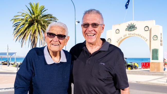 Veteran Keith ‘Chook’ Fowler, 102, is determined to march in Adelaide with the help of Andrew Thomas, 66, the son of his great mate Jack Thomas. Picture: NCA NewsWire / Morgan Sette