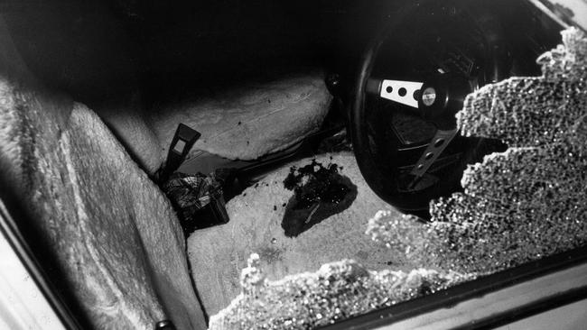 the bloodstained front seat of a car after the Hoddle St massacre.