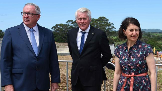 Tweed MP Geoff Provest with then-Health Minister Brad Hazzard and Premier Gladys Berejiklian at the hospital site. Picture: NCA NewsWire / Steve Holland