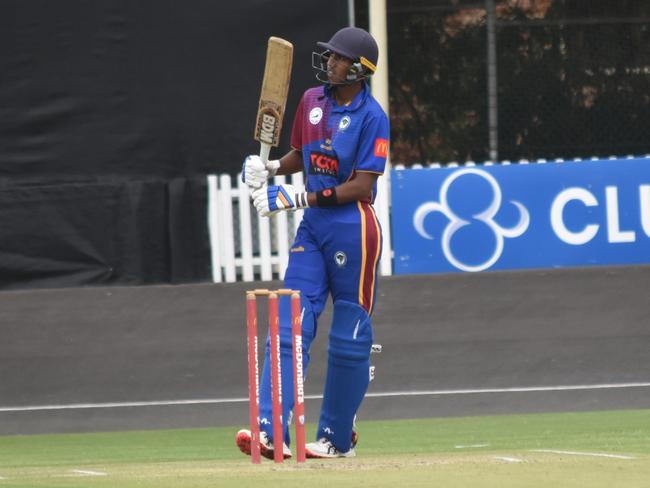 Rubeindranath Gobinath raises his bat during his 108 not out at Hurstville. Picture: Sean Teuma