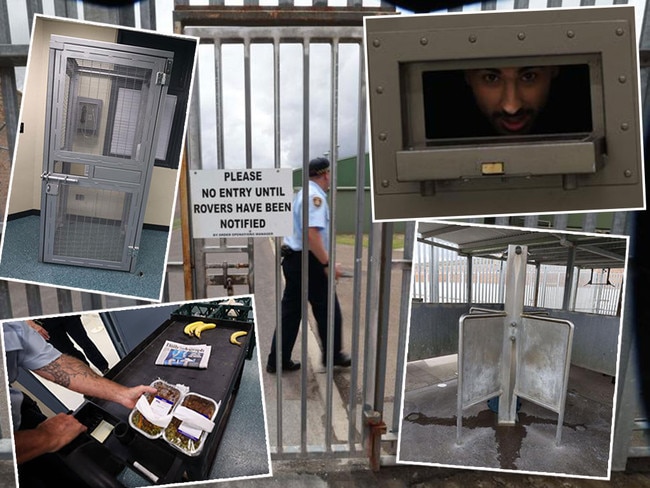 Clockwise from top: The view from inside a Supermax cell, with an iPad in a shelf at the left; a prisoner looks out of their cell; a shower facility in the yards; and a food and newspaper delivery inside Goulburn's Supermax. Pictures: News Corp