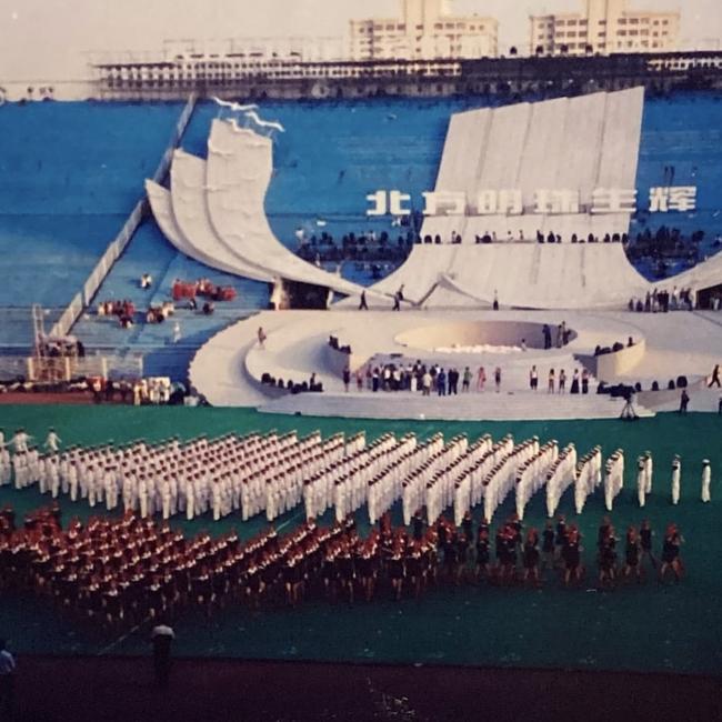 The Derwent Valley Concert Band rehearsing at Dalian Stadium in China in 1999. Picture: Supplied