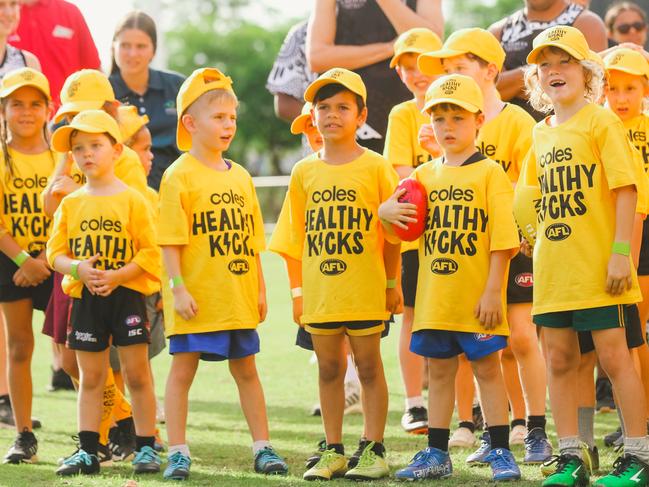 The kids line up as Eddie Betts hosts a Kicks clinic on Monday 15th November at Cazaley Oval in Palmerston. Picture: Glenn Campbell