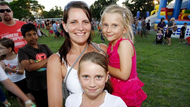 Amanda Hey of Fernvale with her daughters Taylah (front), 10, and Summah, 6, at 2010 New Year’s Eve celebrations in Timothy Moloney Park, Ipswich. Picture: David Nielsen