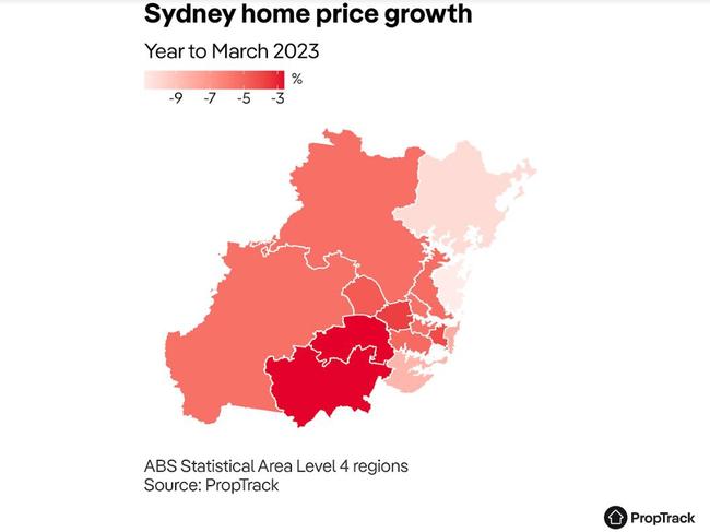 Heatmap of price growth in Sydney for March 2023. Supplied by PropTrack