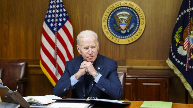 US President Joe Biden is pictured speaking with Russian President Vladimir Putin from the presidential retreat in Camp David. Dividing America’s attention and resources is a further box ticked for the fledgling Putin-Xi alliance. Picture: AFP