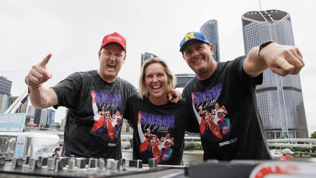 Susie O'Neill live on air for the last time with Ash and Luttsy at South bank before retiring from her radio job with Nova. Picture Lachie Millard