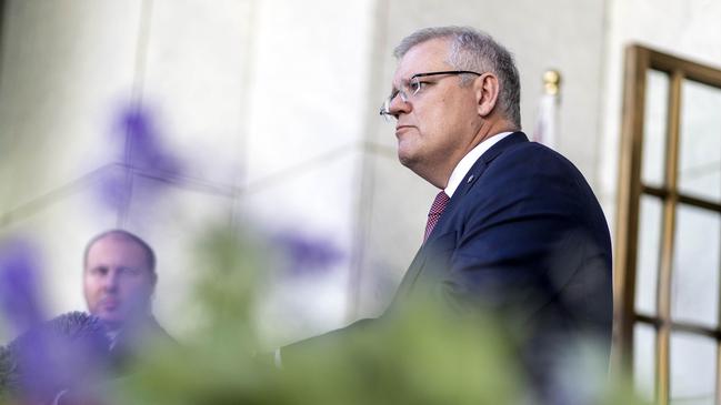 Prime Minister Scott Morrison, right, with Treasurer Josh Frydenberg during a press conference at Parliament House in Canberra. Picture Gary Ramage