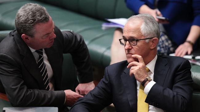 Prime Minister Malcolm Turnbull speaks with Minister for Defence Industry Christopher Pyne on August 17. Picture: Getty