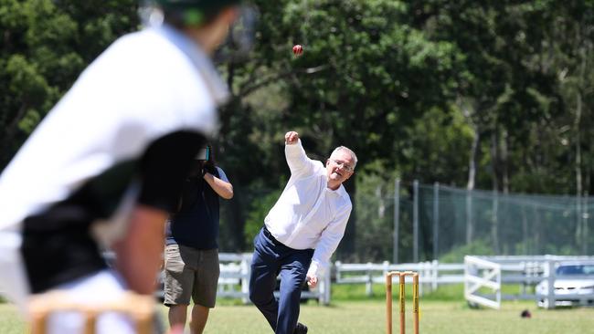 Before his morning press conference in Brisbane, the Prime Minister spent some time on the cricket pitch. Picture: NCA NewsWire / Dan Peled