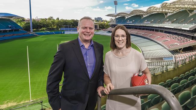 SANFL chief executive Jake Parkinson pictured with BHP’s Jacqui Rose.