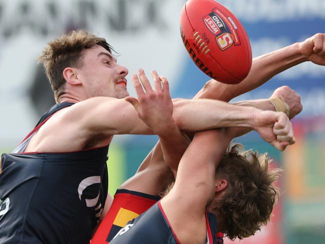 Harry Boyd from Norwood contests the ruck during the Round 14 SANFL match between Norwood and Adelaide at Norwood Oval in Adelaide, Saturday, July 13, 2024. (SANFL Image/David Mariuz)