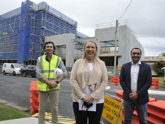 Lipman project manager Mike Zucker, Mission Australia regional manager Charoah Evans and Coffs Harbour MP Gurmesh Singh in front of Mission Australia's social housing and community building development on Duke St Coffs Harbour. Photo: Tim Jarrett