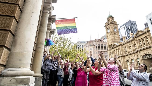 Hobart Town Hall. Flag raising ceremony at Town Hall flies the Pride Flag for the duration of the festival. Picture Eddie Safarik