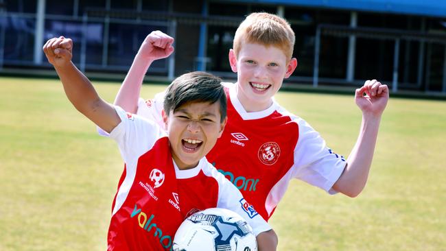 Benjamin Woodhouse 10 and Christian Mulder 9 are excited to have a new clubhouse for Rydalmere FC. Picture: Angelo Velardo