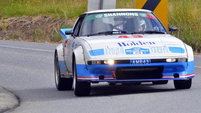 Adam Kaplan and co-driver Aleshia Penney in their Mazda RX7 during the 2017 event in the Adelaide Hills. Picture: Richard Craill/Race Torque Media