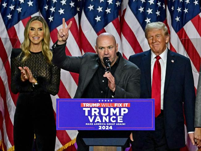 UFC chief executive Dana White speaks alongside Donald Trump at an election night event at the West Palm Beach in November Picture: AFP