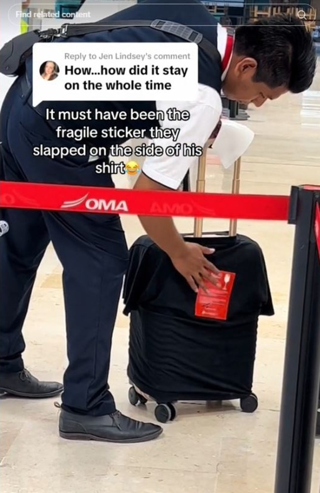 When asked how it stayed on, Jen said it was because of a fragile sticker an airport staffer had put on it. Picture: TikTok/sagijen