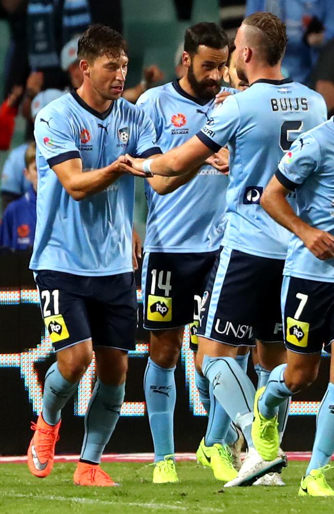 Sydney's Filip Holosko celebrates with Jordy Buijs.