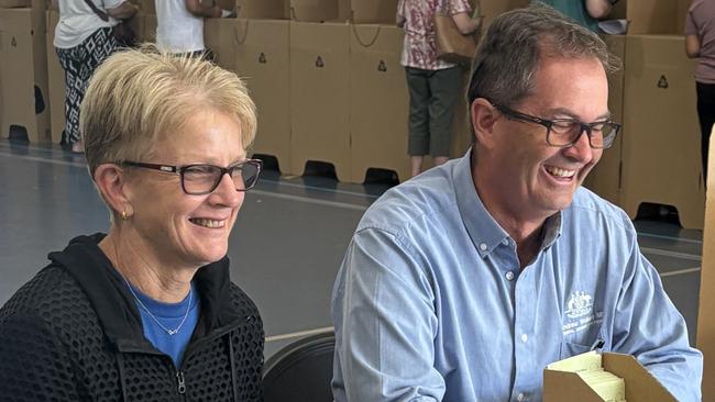 Incumbent Member for Fisher Andrew Wallace with his wife, Leonie, vote in Baringa during the 2025 federal election this morning, May 3. Picture: Jarrod Tutbury