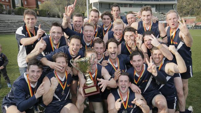 Richmond celebrates its 2017 premiership at North Hobart Oval. Picture: MATT THOMPSON