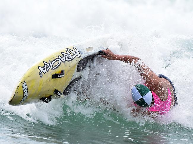 A member of Currumbin surf lifesaving club at the Queensland Youth Championships at North Burleigh. Picture: HARVPIX