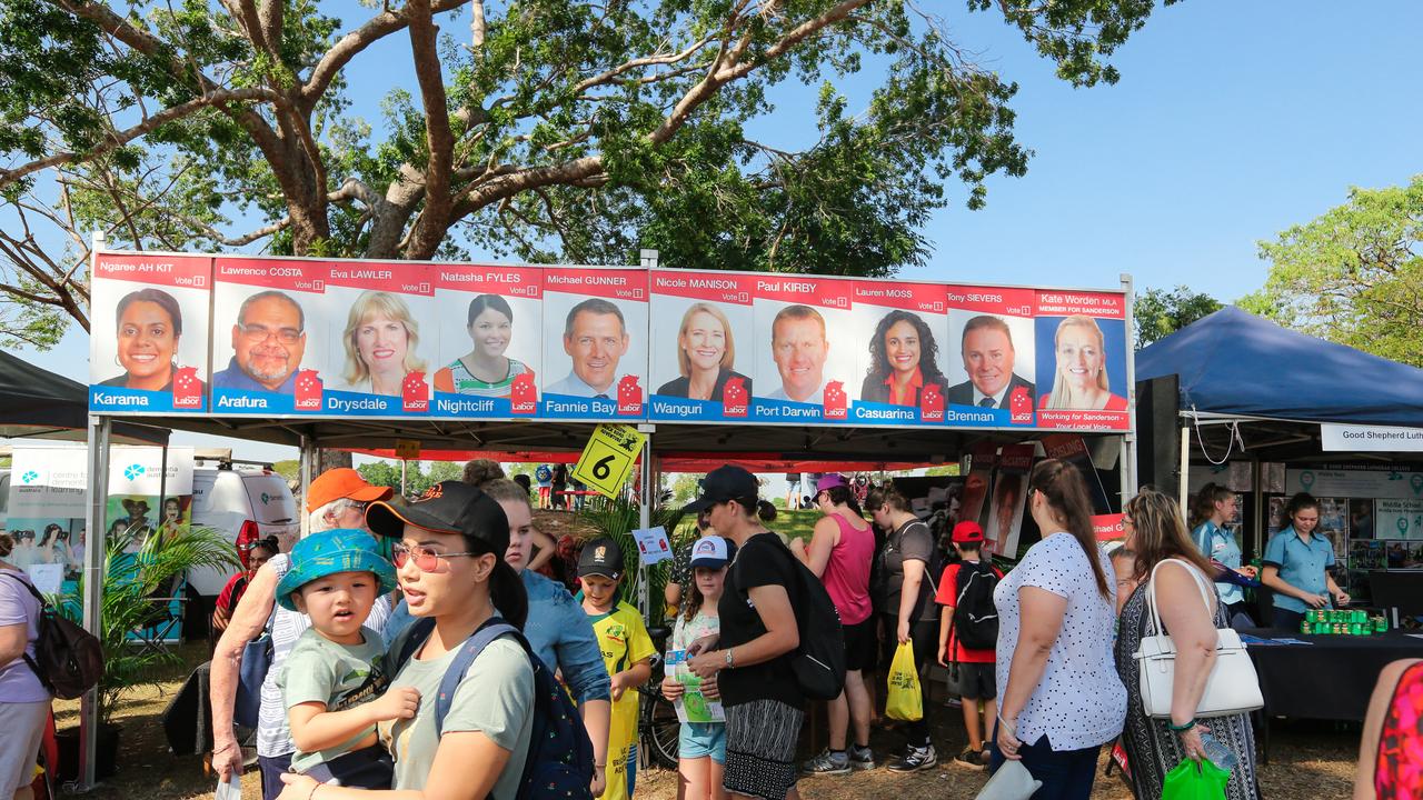 The NT Government Labor stand minus Ken Vowles’ picture. Picture GLENN CAMPBELL