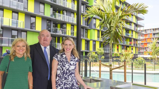 Grocon national construction manager Peter Ward with Gold Coast Deputy Mayor Donna Gates (far left) and Commonwealth Games Minister Kate Jones at the Parklands Project.