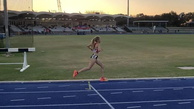 Tilly as she raced to the finish of her record breaking run at the SA State Championships Women's 5000m Open A-grade Final on Friday. Picture: Supplied