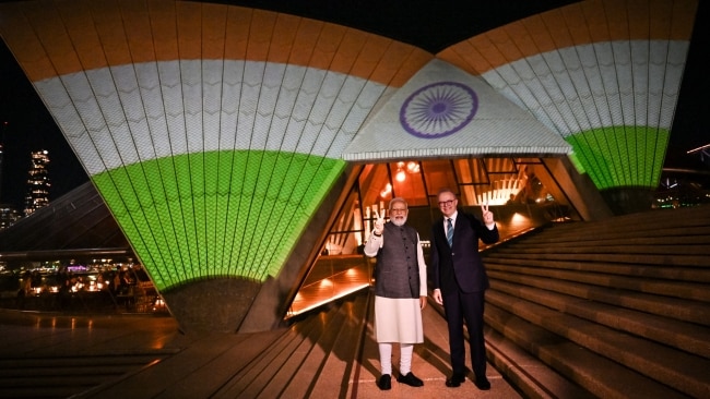 Prime Ministers Narendra Modi and Anthony Albanese in front of the Sydney Opera House on Wednesday night. Picture: Getty