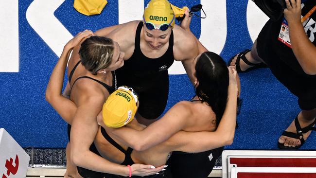 Meg Harris, Shayna Jack, Mollie O'Callaghan and Emma McKeon celebrate after winning gold. (Photo by Francois-Xavier MARIT / AFP)