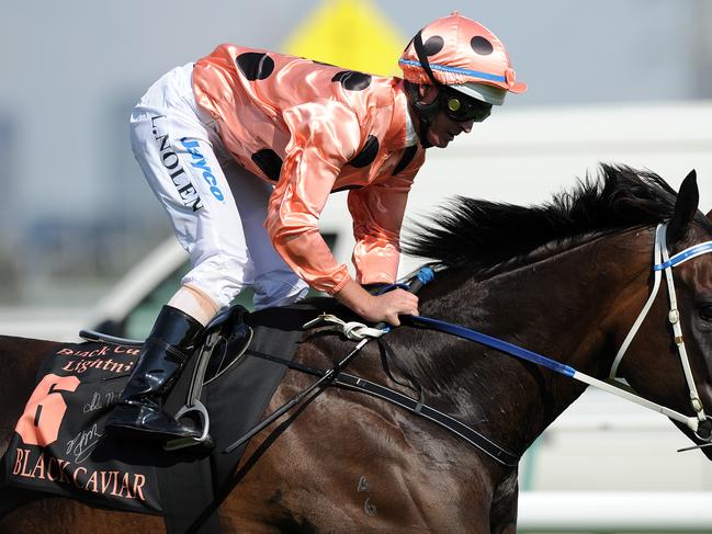 Jockey Luke Nolen riding race horse Black Caviar leads the field to win the $500,000 Group 1 race Black Caviar Lightning at Flemington race track in Melbourne, Saturday, Feb. 16 2013. The win by Black Caviar is the first since winning the Diamond Jubilee at Royal Ascot in England and her 23rd straight win. (AAP Image/Joe Castro) NO ARCHIVING, EDITORIAL USE ONLY