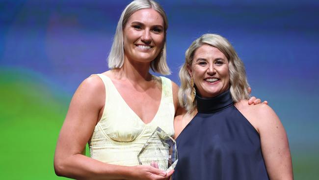 Courtney Bruce (L) and Marinkovich after receiving the Australian International Player of the Year award. Picture: Getty Images