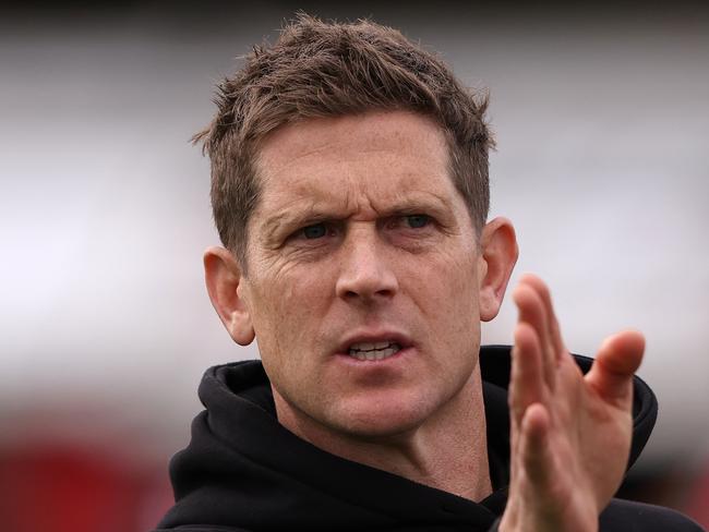 MELBOURNE, AUSTRALIA - SEPTEMBER 10: Saints coach Nick Dal Santo is seen at he break during the round two AFLW match between Essendon Bombers and St Kilda Saints at Windy Hill, on September 10, 2023, in Melbourne, Australia. (Photo by Robert Cianflone/Getty Images)