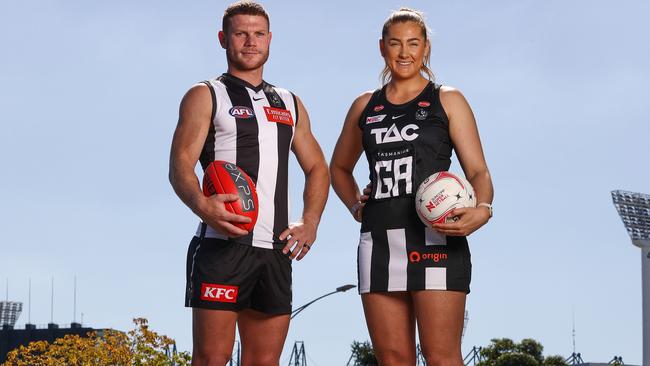 AFL player Taylor Adams and Magpies netballer Sophie Garbin are gearing up for a massive 2023 season. Picture: Michael Klein