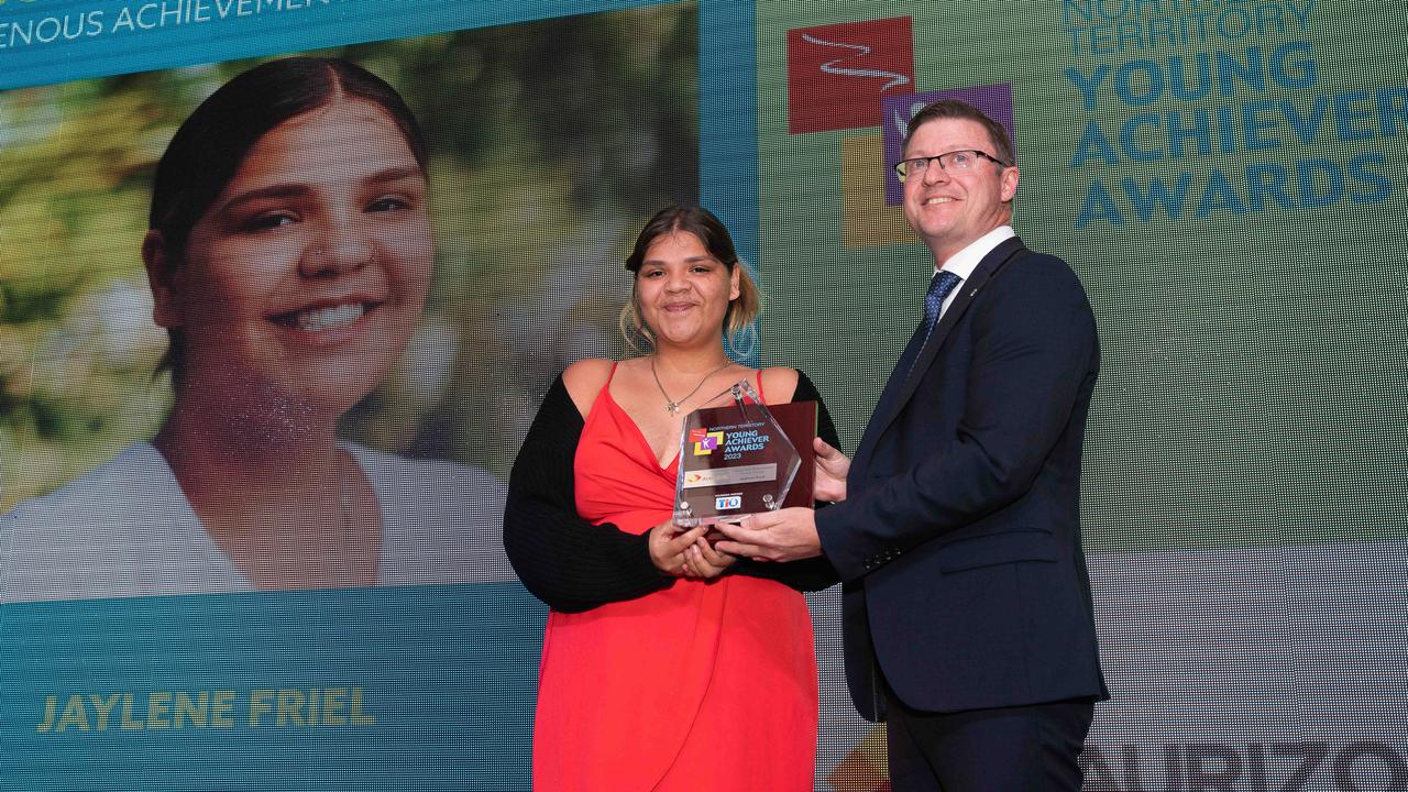 Winner of Aurizon Indigenous Awards Jaylene Friel and general manager Bulk Central for Aurizon, Mathew Jones at the NT Young Achiever Awards. Picture: Pema Tamang Pakhrin