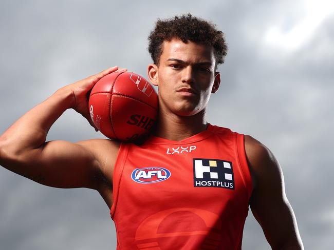 GOLD COAST, AUSTRALIA - OCTOBER 30: Gold Coast Suns AFL draft prospect Leo Lombard poses during a portrait session at  Burleigh Bombers AFC on October 30, 2024 in Gold Coast, Australia. (Photo by Chris Hyde/Getty Images)