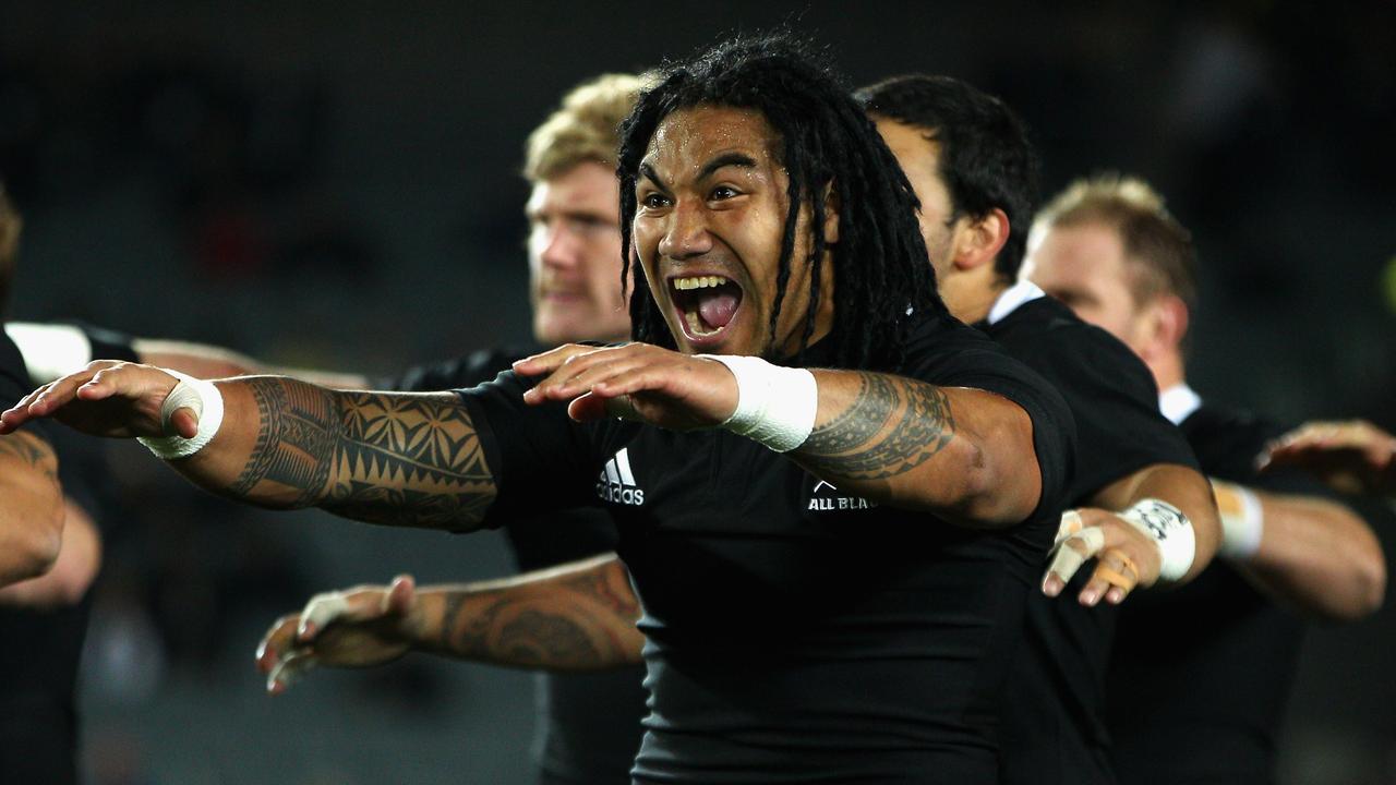 Ma'a Nonu of the All Blacks performs the haka at Eden Park.