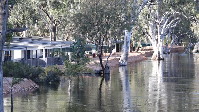 Water nears the top of the privately-built levee at Riverbend Caravan Park in Renmark. Picture: Dean Martin