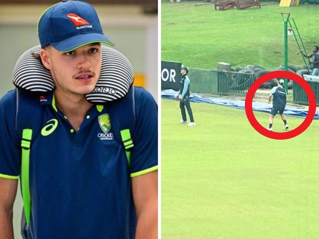 Sam Konstas' likely replacement, Josh Inglis, was seen taking catches on the boundary ahead of the first Test all but confirming he will be in the team over the youngster. Image: AFP, X and @beastieboy07.