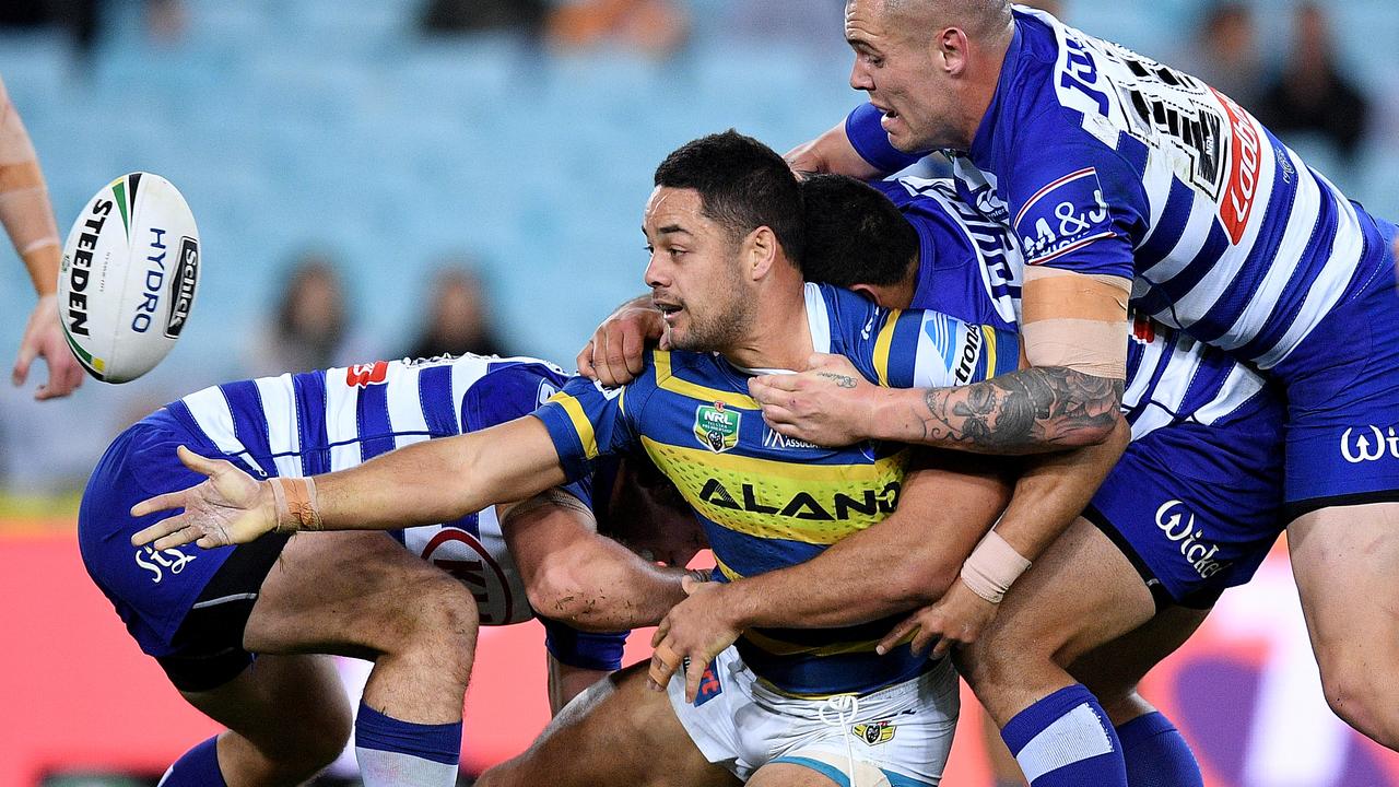 Jarryd Hayne, pictured during Thursday night’s clash with the Bulldogs, has endured a frustrating return to the Eels.