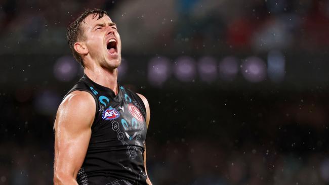 ADELAIDE, AUSTRALIA - MAY 29: Trent Dumont of the Power celebrates a goal during the 2022 AFL Round 11 match between the Port Adelaide Power and the Essendon Bombers at Adelaide Oval on May 29, 2022 in Adelaide, Australia. (Photo by James Elsby/AFL Photos via Getty Images)