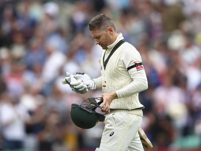 Michael Clarke of Australia walks from the ground in his last test after being dismissed by Ben Stokes of England during day one of the 5th Investec Ashes Test match between England and Australia at The Kia Oval on August 20, 2015 in London. Picture: Getty