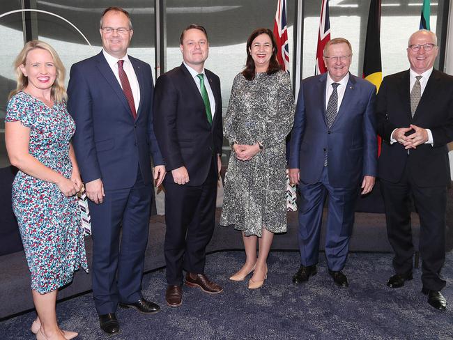 Team Queensland members Kate Jones (Tourism Minister), Ted O'Brien (federal Games representative), Adrian Schrinner (Brisbane Lord Mayor), Annastacia Palaszczuk (Premier), John Coates (AOC president) and Mark Jamieson (Sunshine Coast Mayor).