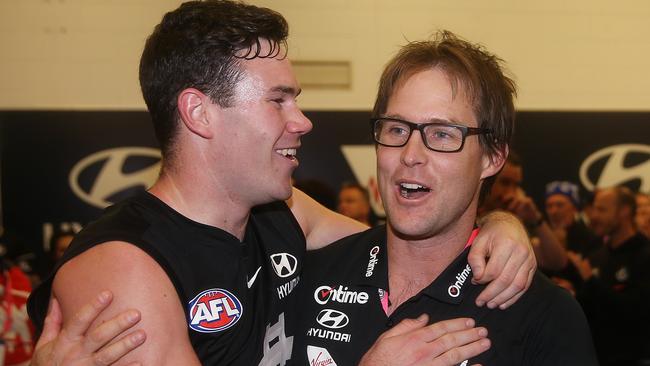 David Teague celebrates a Carlton win with Mitch Mcgovern. Picture: Michael Klein