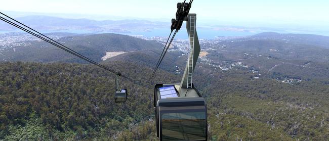 Artists impression of the proposed development of a cable car on Mt Wellington / kunanyi by MWCC.