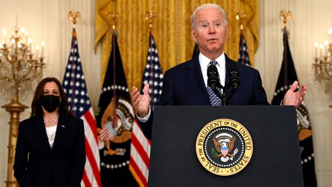 US President Joe Biden, with Vice President Kamala Harris, speaks about the infrastructure bill passed by the Senate on August 10. Picture: AFP