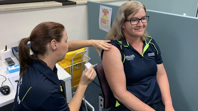 The first person to be vaccinated for COVID-19 at Ipswich Hospital today was Infection Prevention Clinical Nurse Consultant Monica Prior.