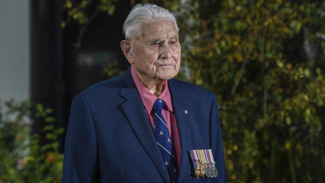 Keith Fowler, a 101 year old, a former World War II POW who spent three and a half years on the Burma railway, at his home in Adelaide. Picture: Roy VanDerVegt