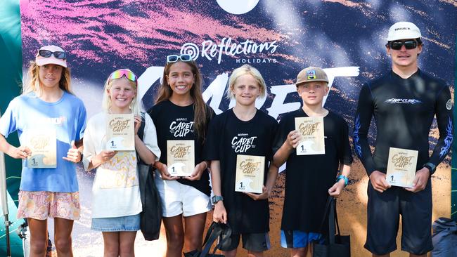 Winners are grinners Age group winners Mali Adam (U16 girls), left, Lily White (U14s), Cleo Beesley (U12), Harry Stephens (U14 boys), Maverick Macgugan (u12 boys) and Joey Silk (U16s).